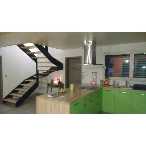 escalier suspendu metal double limon IMAGINE LINEAR DEMI TOURNANT 
 marches bois