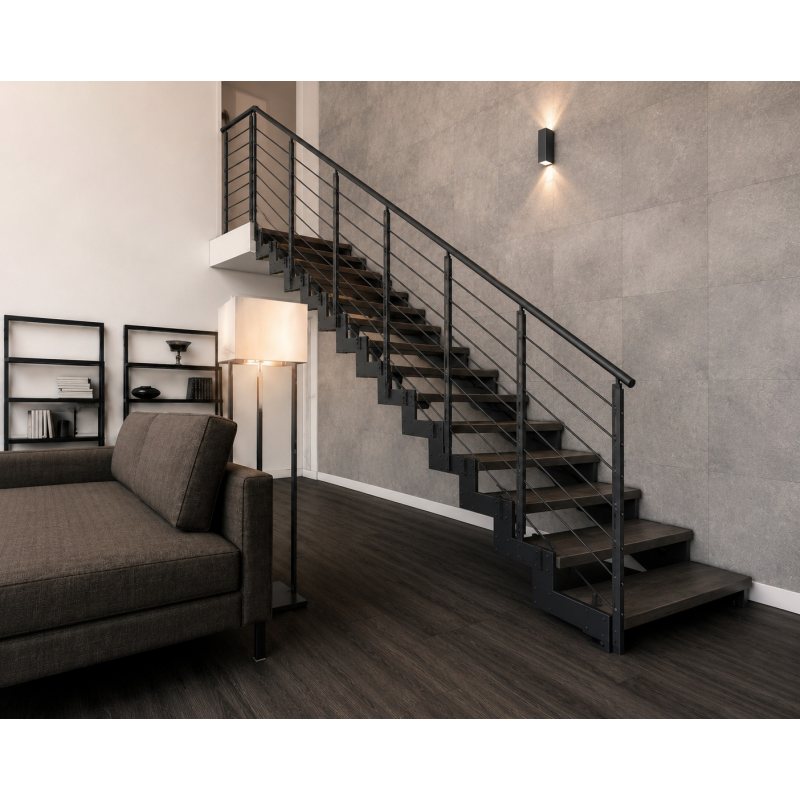Escalier droit IMAGINE Kit double limon, montant rond métal et bois