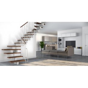 Escalier quart tournant STILO Mobirolo métal bois design avec limon central et garde-corps inox