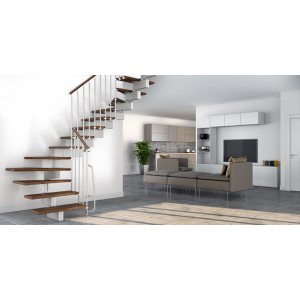 Escalier quart tournant STILO Mobirolo métal bois design avec limon central et garde-corps inox